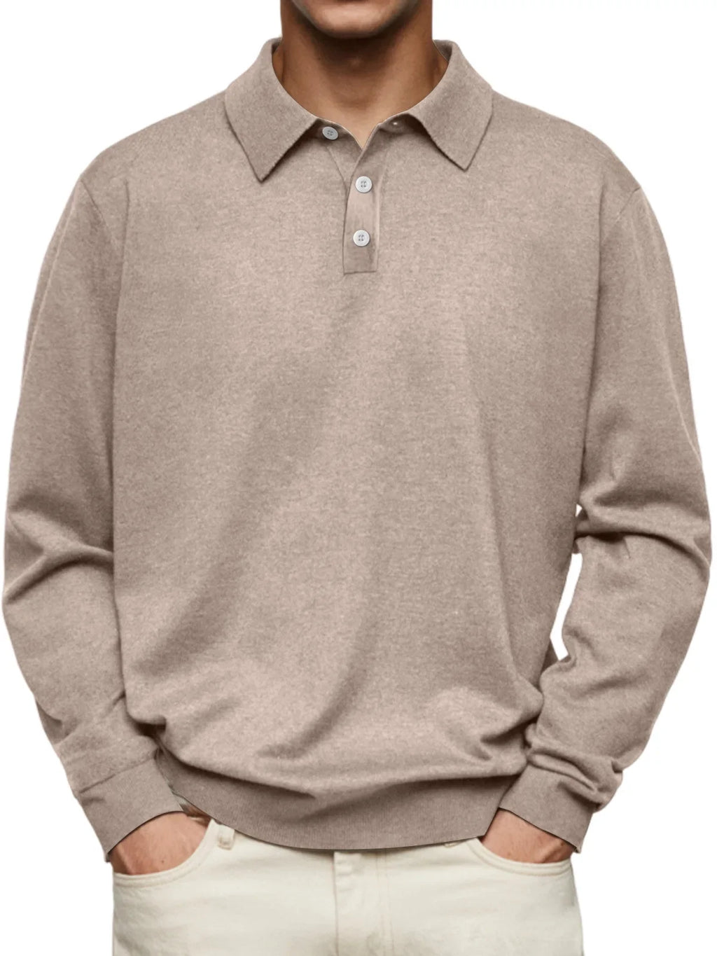 Men’s Long-Sleeve V-Collar Solid Polo Shirt – Loose Fit Casual Knitwear-HighTouch
