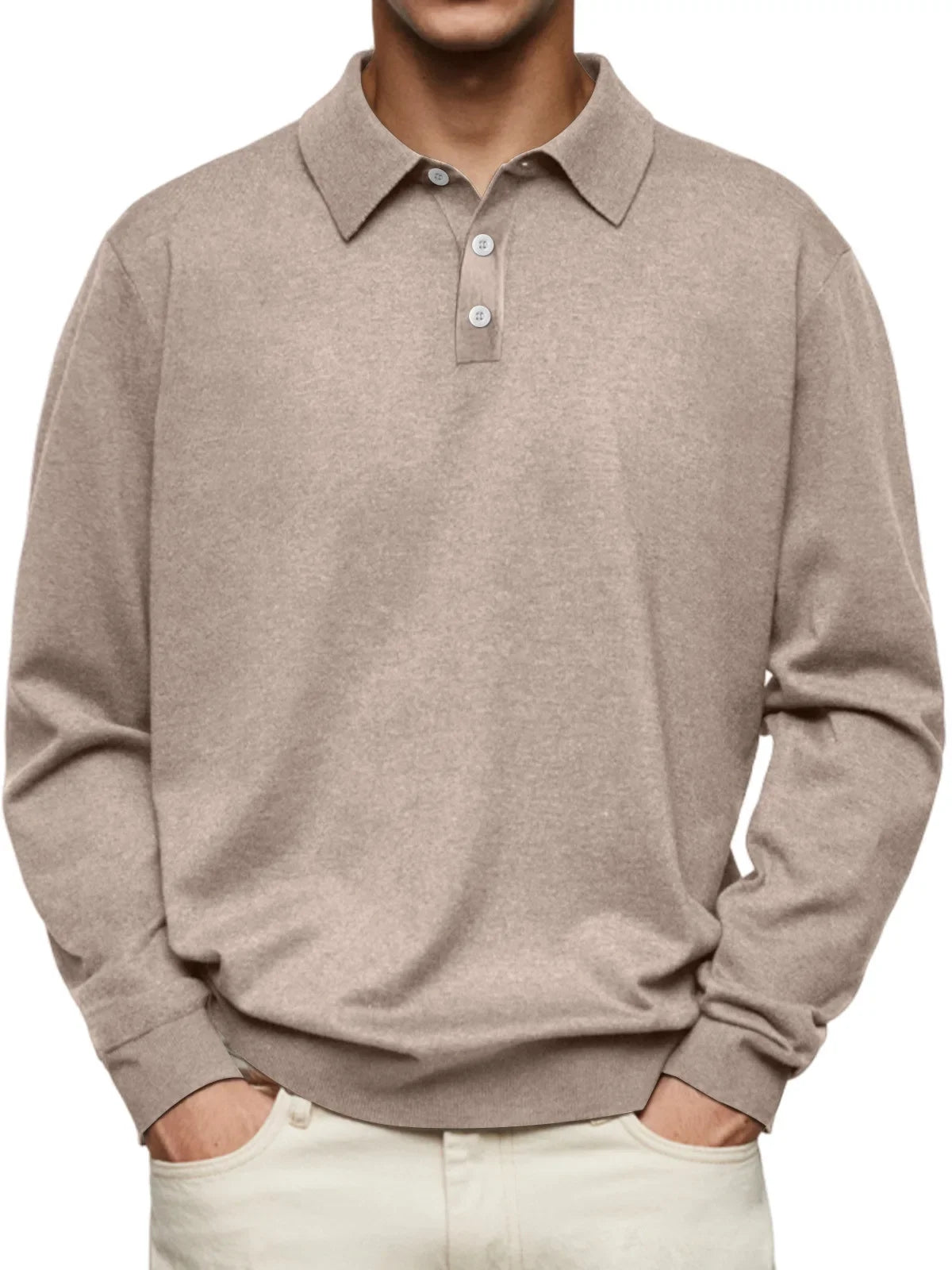 Men’s Long-Sleeve V-Collar Solid Polo Shirt – Loose Fit Casual Knitwear
