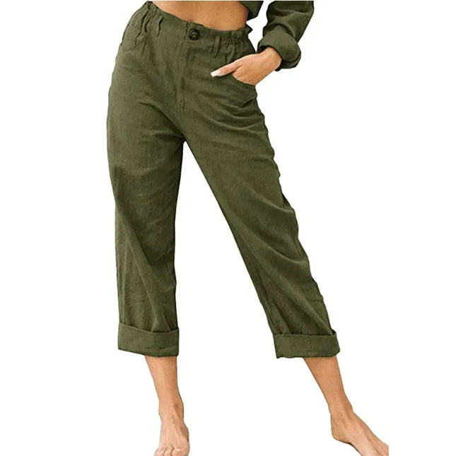 Spring Cotton-Linen Women’s Loose Button Pockets Pants – Elegant & Breathable