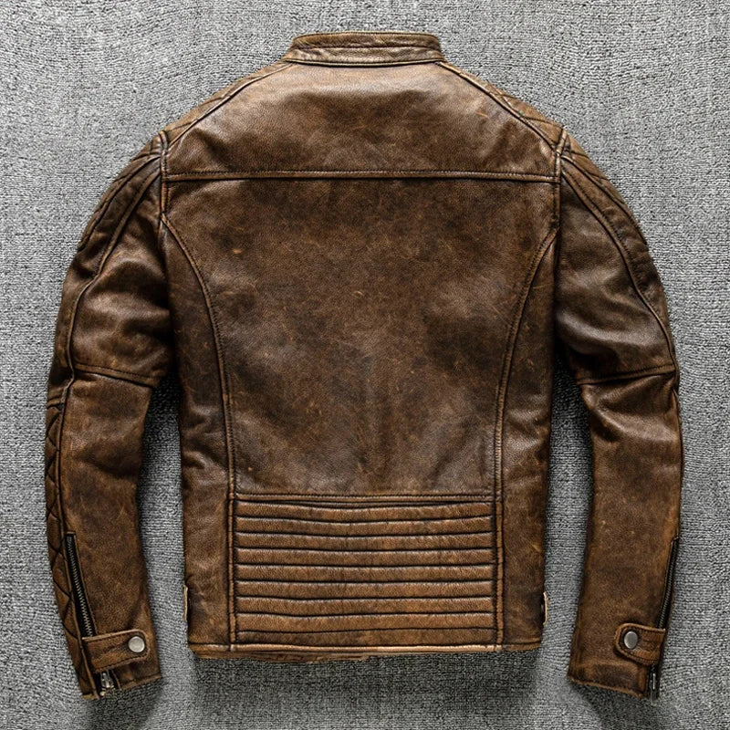 Vintage Yellow-Brown Cowhide Slim Fit Biker Jacket – Motorcycle Coat-HighTouch