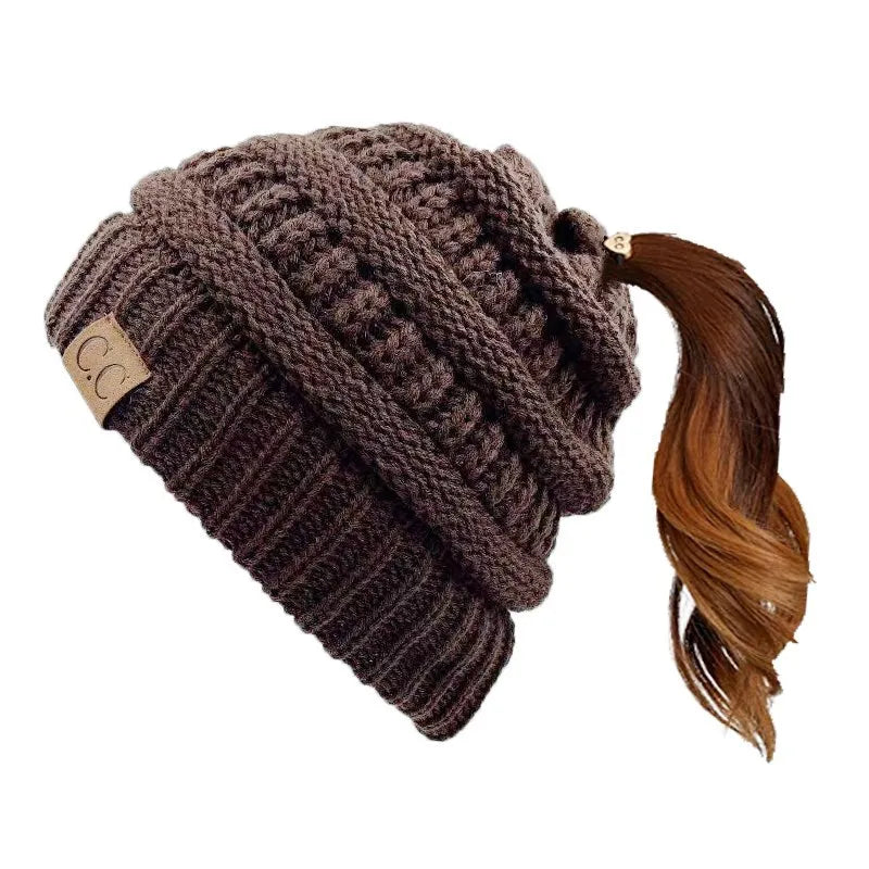 Cable Knit Ponytail Beanie-HighTouch