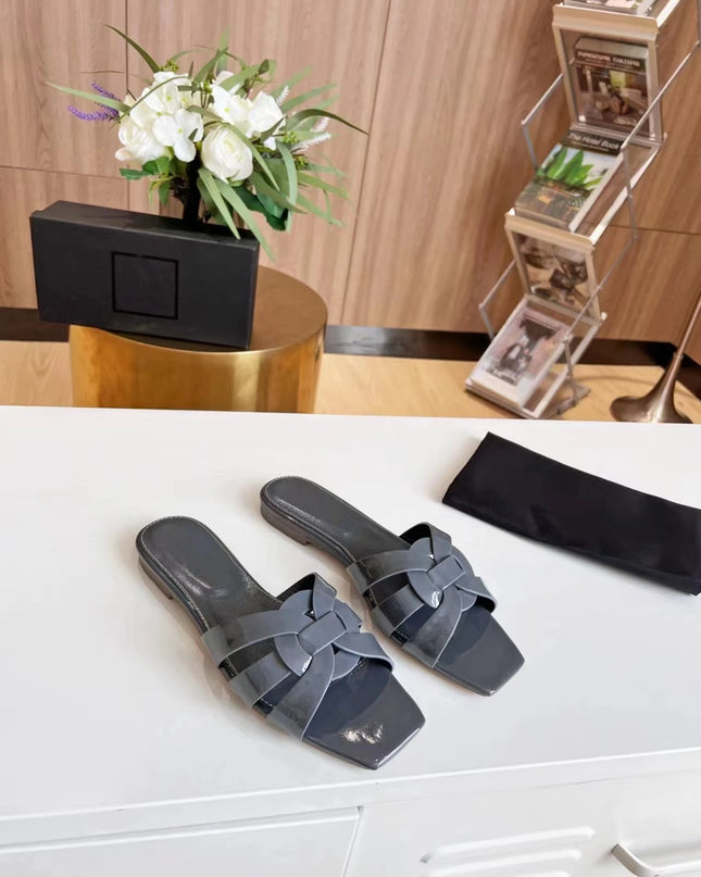 Genuine Leather Square Toe Summer Slides