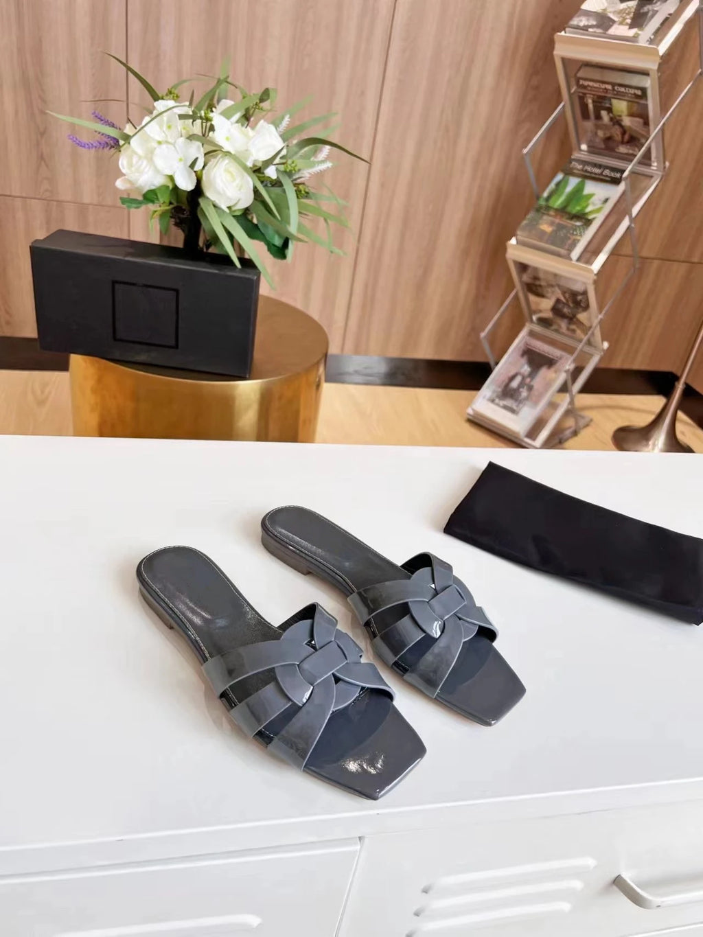 Women’s Genuine Leather Square Toe Summer Slides Casual Slip-On Sandals-HighTouch