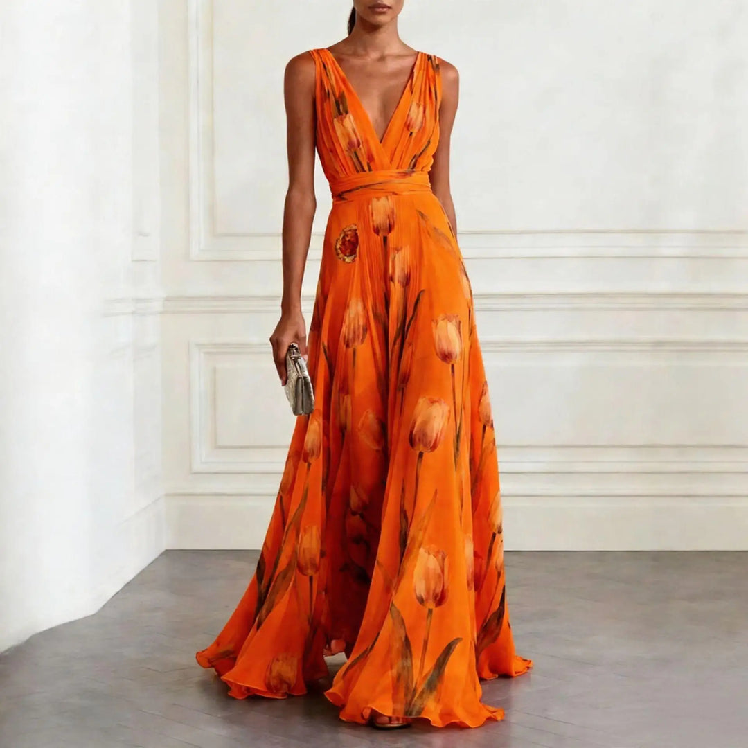 Josephina | Tulip Print V-Neck Maxi Wedding Guest Dress