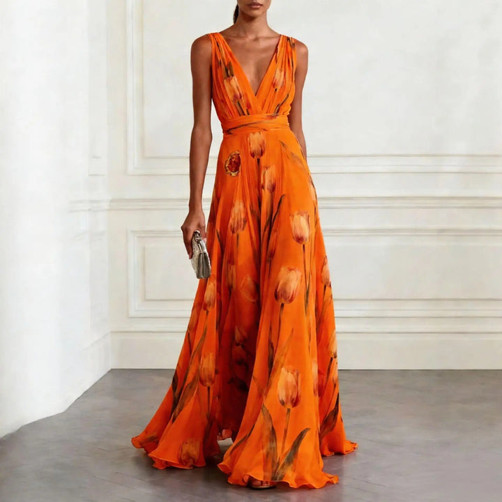 Josephina | Tulip Print V-Neck Maxi Wedding Guest Dress
