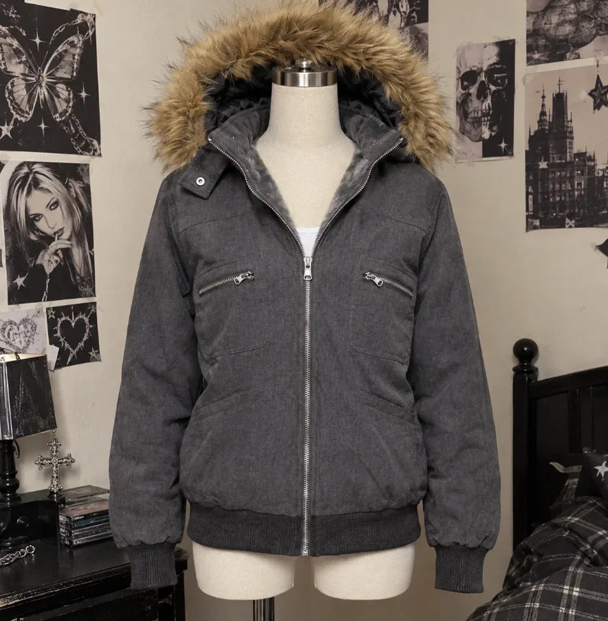 Winter Jacket Women Grey Faux Fur Hood Zip Pockets Slim Fit