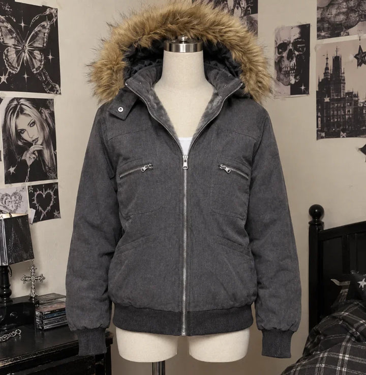 Winter Jacket Women Grey Faux Fur Hood Zip Pockets Slim Fit