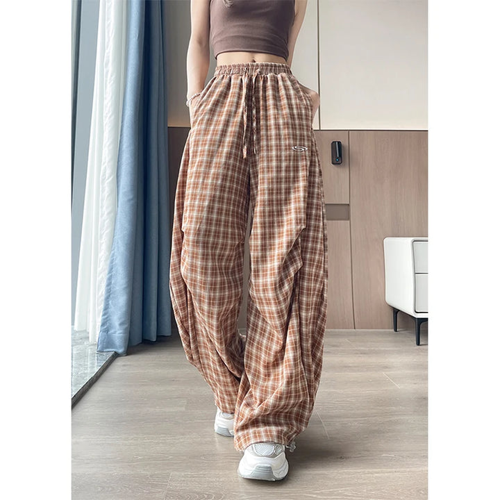 Harajuku Plaid Wide‑Leg Women’s Joggers – Y2K High‑Waist Casual Trousers-HighTouch