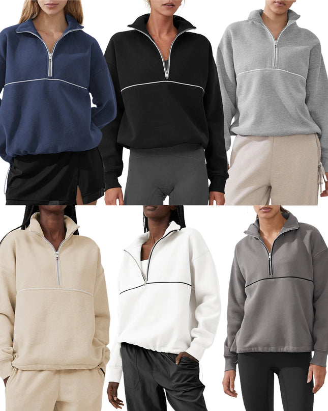 Colour-Block Half-Zip Pullover Sweatshirt – Loose Streetwear Long Sleeve