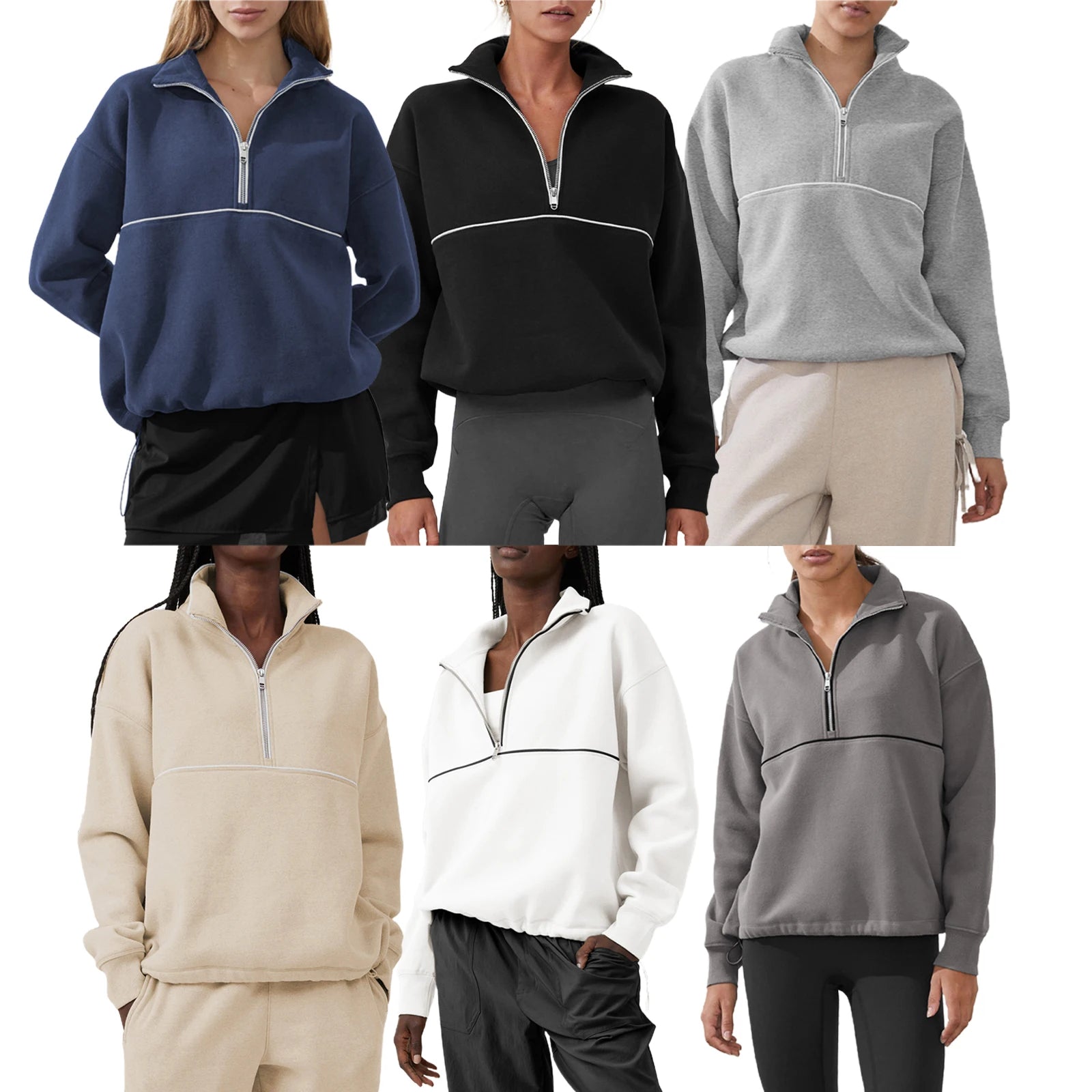 Colour-Block Half-Zip Pullover Sweatshirt – Loose Streetwear Long Sleeve