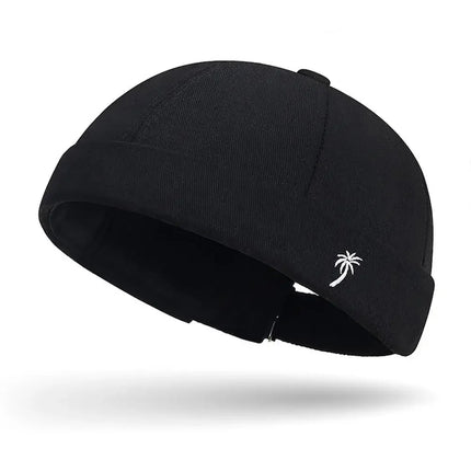 Vintage Washed Cotton Brimless Beanie Hat – Embroidered Coconut Tree (Unisex Adjustable)