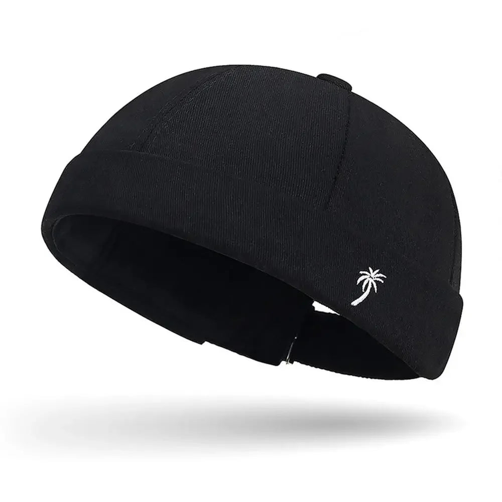 Vintage Washed Cotton Brimless Beanie Hat – Embroidered Coconut Tree (Unisex Adjustable)-HighTouch