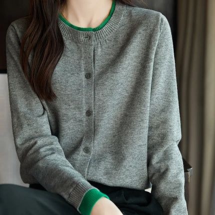 Spring Knit Patchwork Cardigan Lightweight O‑Neck Long Sleeve Sweater for Women
