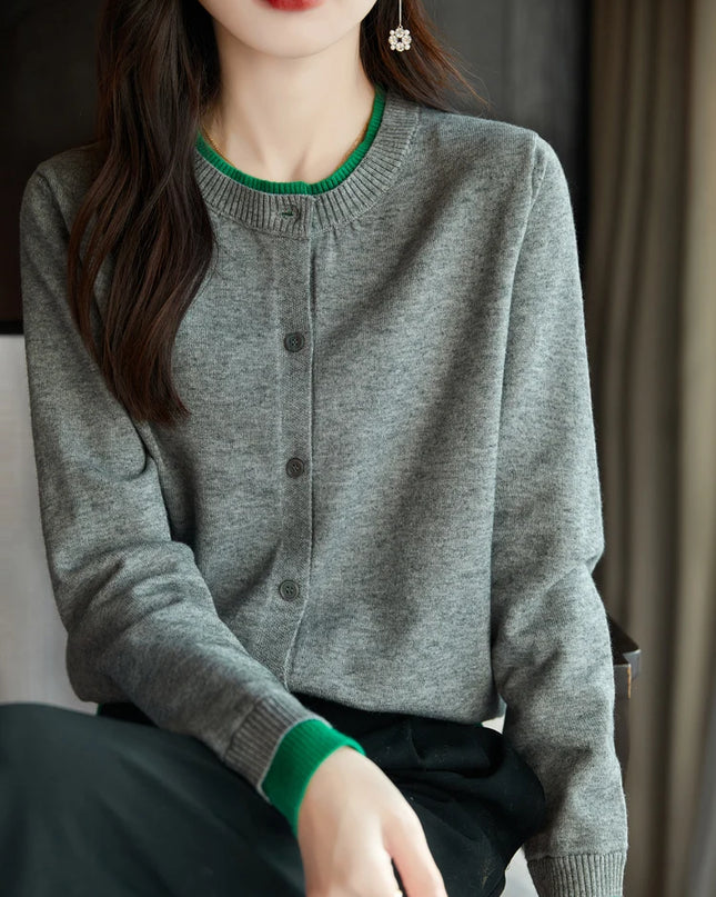 Spring Knit Patchwork Cardigan Lightweight O‑Neck Long Sleeve Sweater for Women