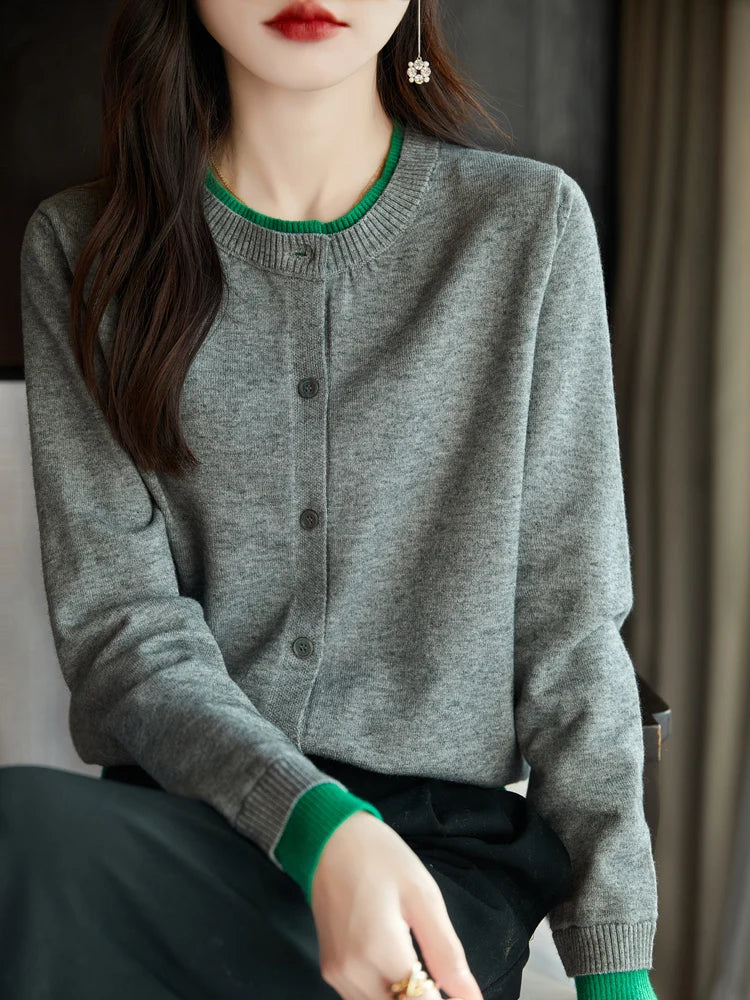 Spring Knit Patchwork Cardigan Lightweight O‑Neck Long Sleeve Sweater for Women