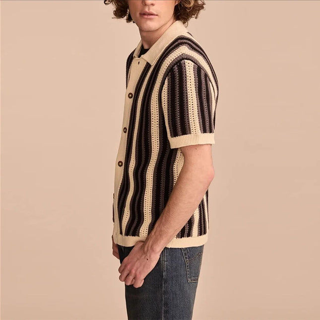 Breathable Hollow-Out Striped Knitted Polo Cardigan for Men