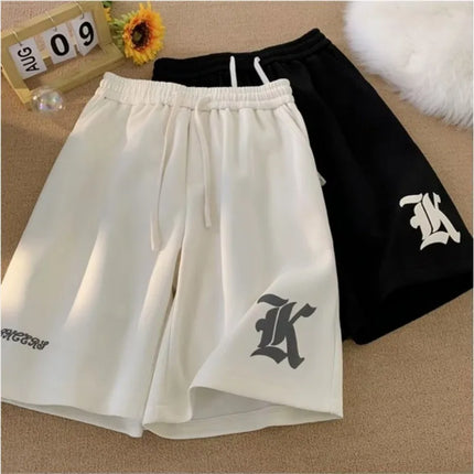 Oversized Samurai-Style Shorts – Gothic Alphabet Print Baggy Streetwear