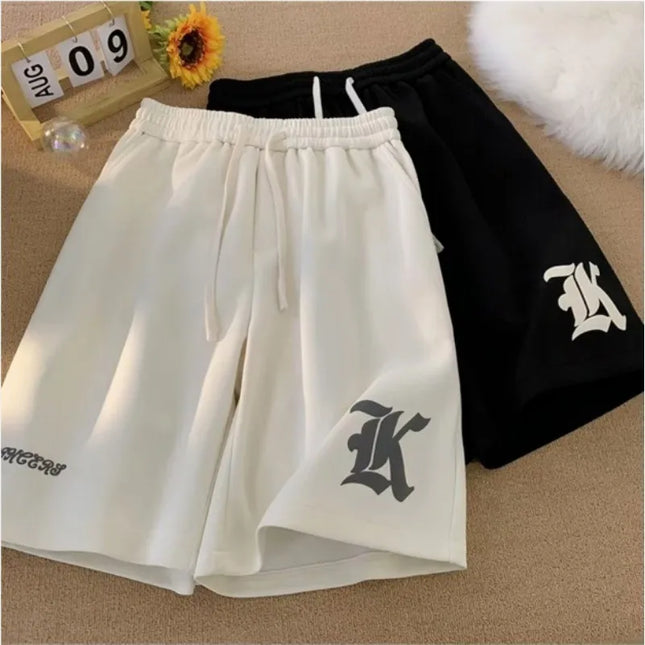Oversized Samurai-Style Shorts – Gothic Alphabet Print Baggy Streetwear