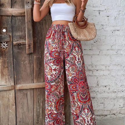 Fashionable Wide-Leg Elastic Waist Printed Pants for Women