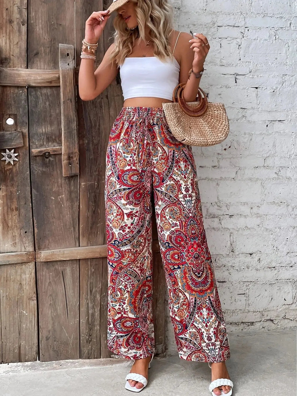Fashionable Wide-Leg Elastic Waist Printed Pants for Women-HighTouch