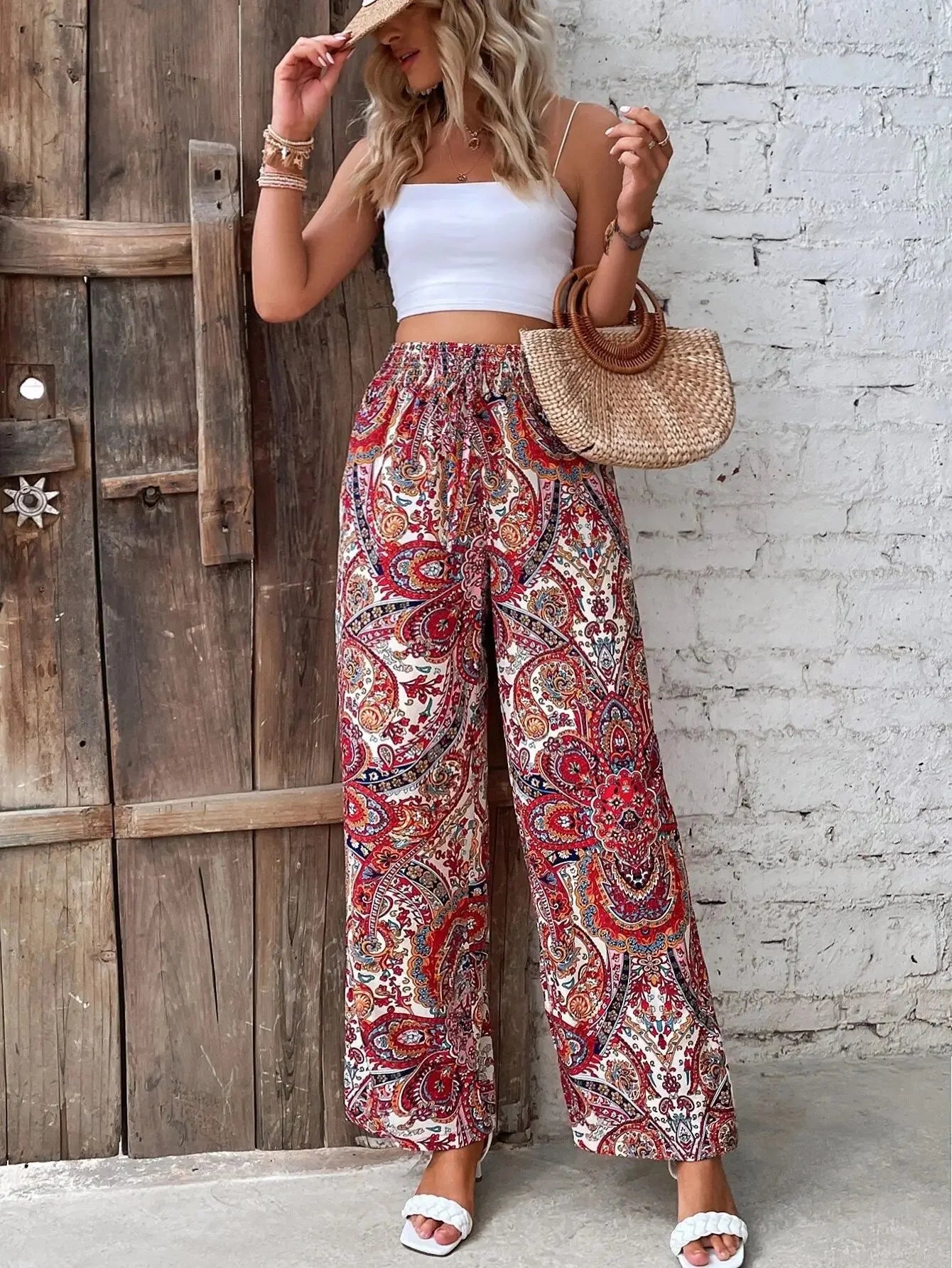 Fashionable Wide-Leg Elastic Waist Printed Pants for Women