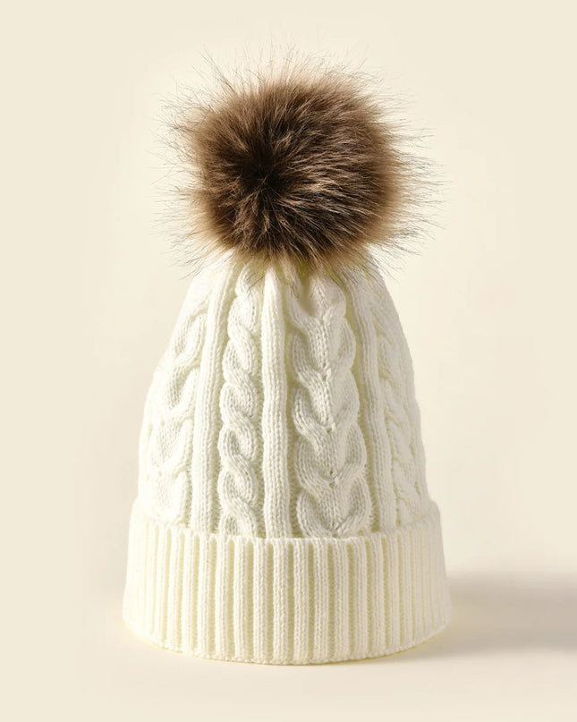 Plush-Pom Knit Flap Beanie for Women