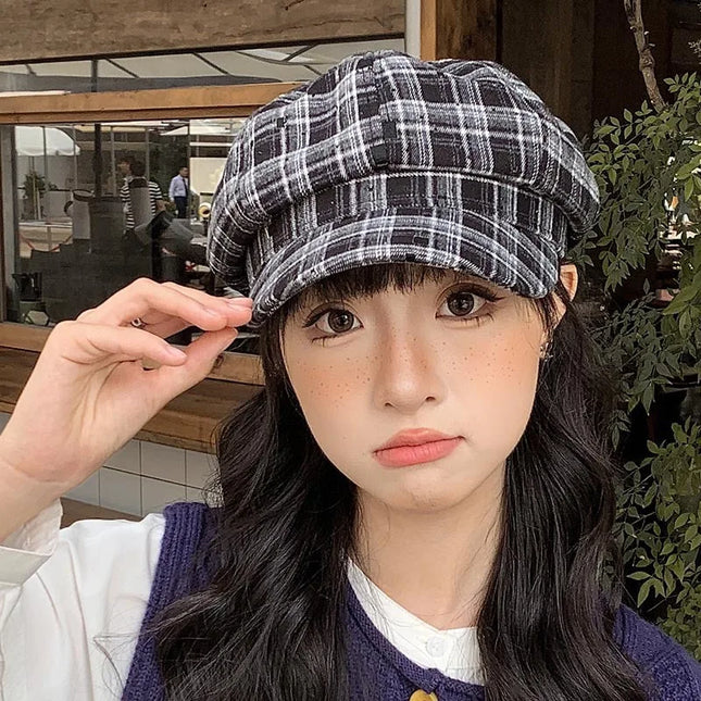 Vintage Plaid Octagonal Beret Hat for Women