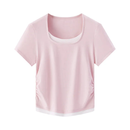 Sleek Fake Two‑Piece Cropped Tee – Slimming U‑Neck for Chic