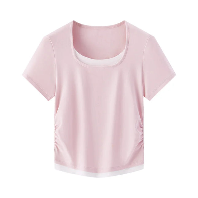 Sleek Fake Two‑Piece Cropped Tee – Slimming U‑Neck for Chic