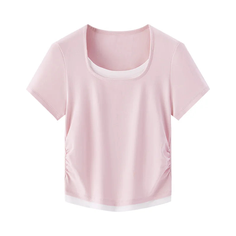 Sleek Fake Two‑Piece Cropped Tee – Slimming U‑Neck for Chic-HighTouch