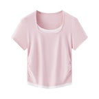 Sleek Fake Two‑Piece Cropped Tee – Slimming U‑Neck for Chic-HighTouch