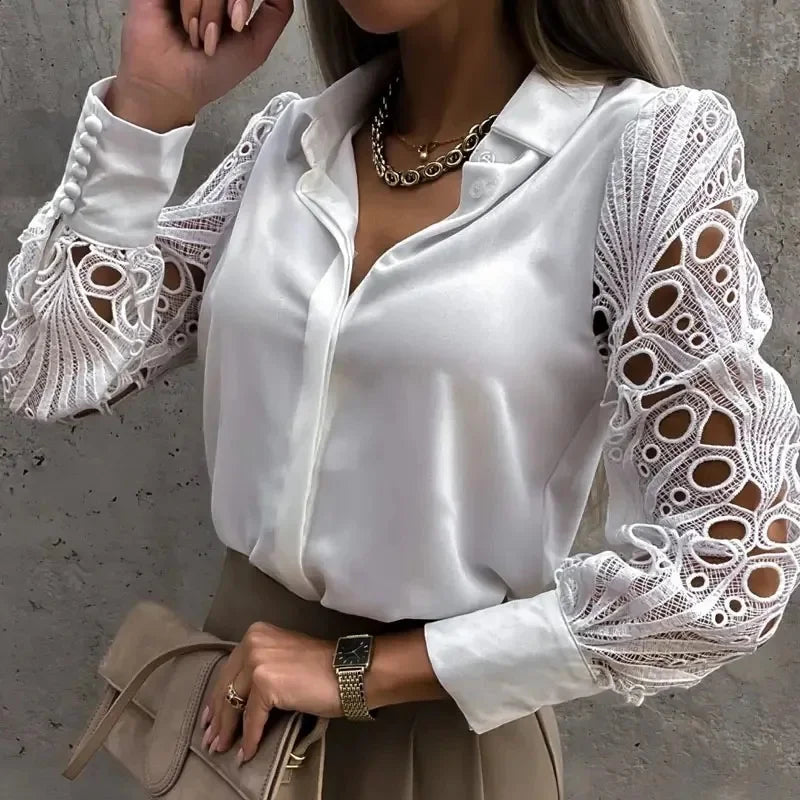 White Lace Hollow-Out Long Sleeve Blouse – Vintage Button-Up Elegance