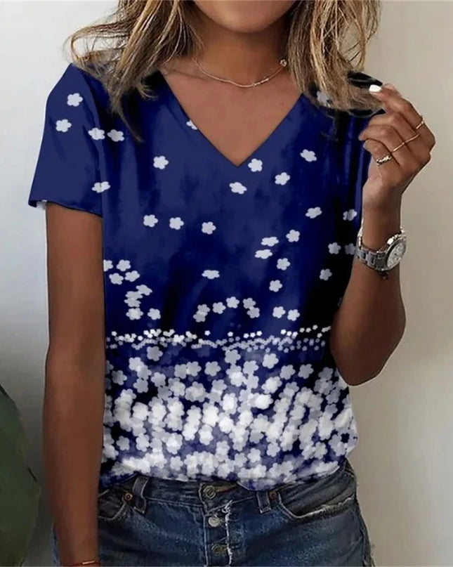 Vintage Floral 3D Print V‑Neck Tee – Oversized Harajuku Style