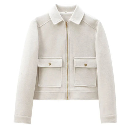Women's Winter Zipper Jacket - Elegant Short Street Coat with Pockets