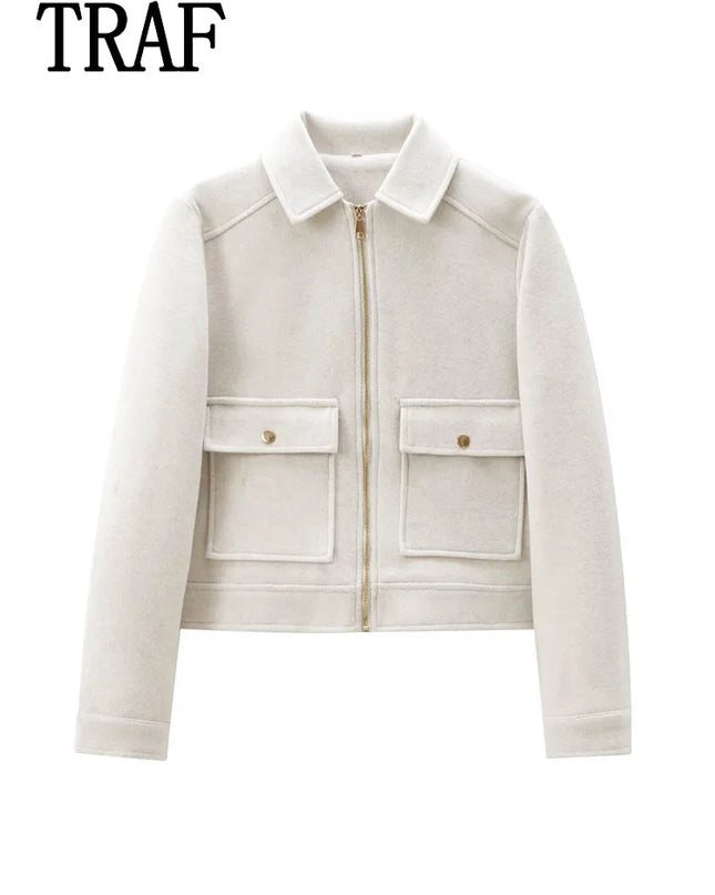 Women's Winter Zipper Jacket - Elegant Short Street Coat with Pockets