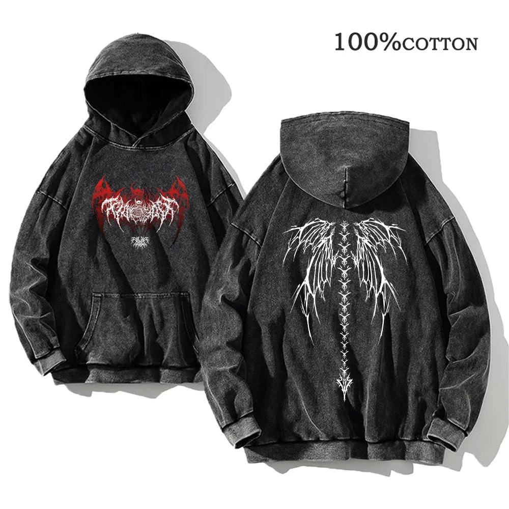 Y2K Washed Hoodies Vintage Cotton Women Men Skull Cross Print Hooded Sweatshirts Oversize Hip Hop Male Pullover Winter Clothes