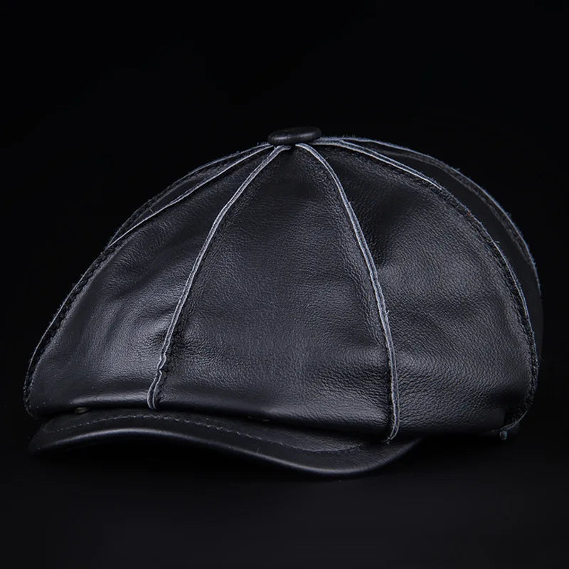 Genuine Cowhide Leather Octagonal Cap – Warm & Adjustable Men’s Style-HighTouch