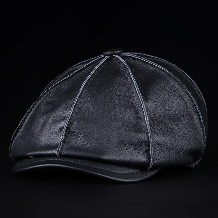 Genuine Cowhide Leather Octagonal Cap – Warm & Adjustable Men’s Style-HighTouch
