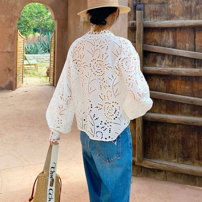 White Floral Eyelet Cotton Blouse – Long Sleeve V-Neck Top