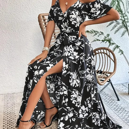 Boho Floral Cold-Shoulder Split Maxi Dress Women