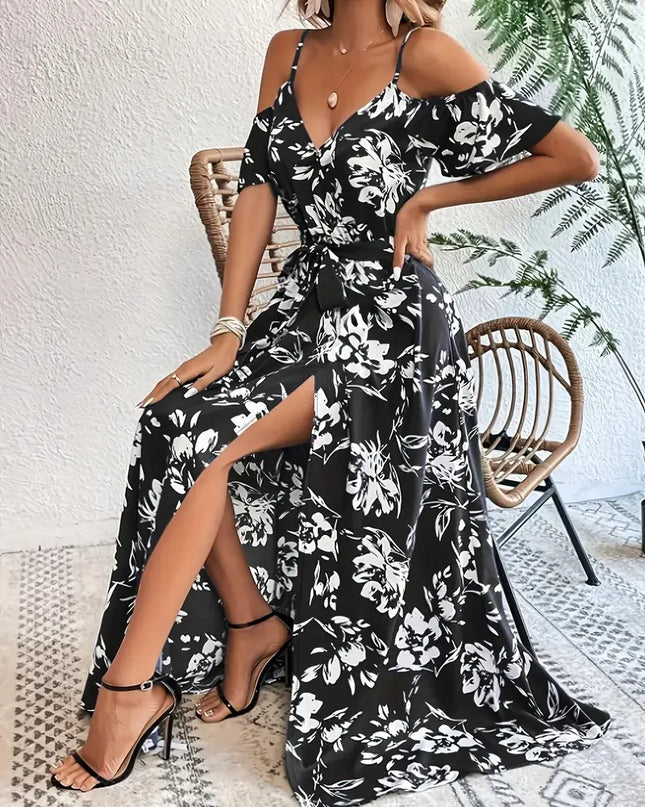 Boho Floral Cold-Shoulder Split Maxi Dress Women