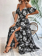Boho Floral Cold-Shoulder Split Maxi Dress Women-HighTouch