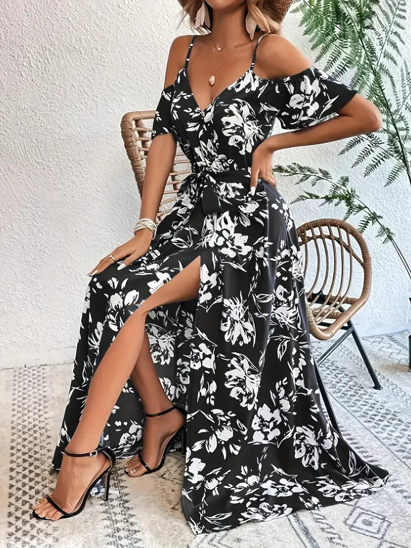 Boho Floral Cold-Shoulder Split Maxi Dress Women