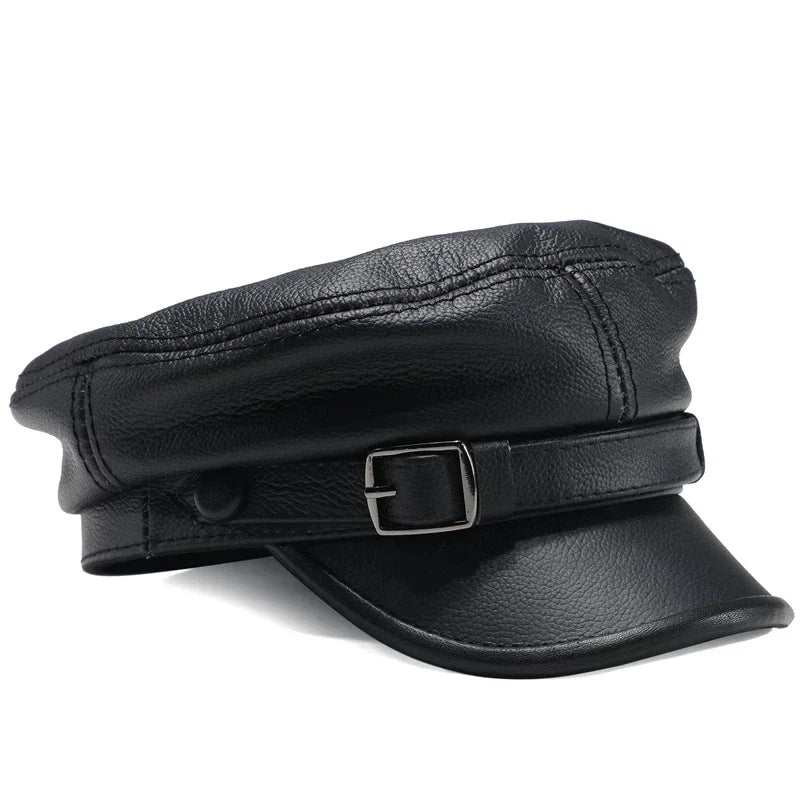 Luxury Genuine Leather Captain / Military Peaked Cap – Unisex Adjustable Black