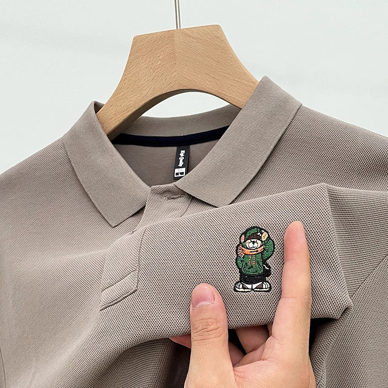 Bear-Embroidered 100% Cotton Long-Sleeve Polo – Spring/Autumn Men’s