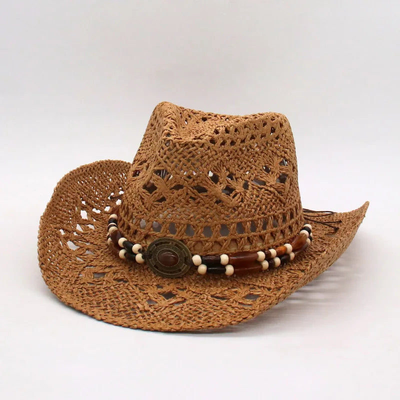 Bohemian Straw Cowboy Sun Hat – Wooden Beads