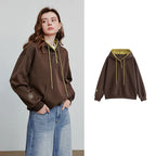 Women Embroidered Pullover Hoodie Contrast Color Casual-HighTouch
