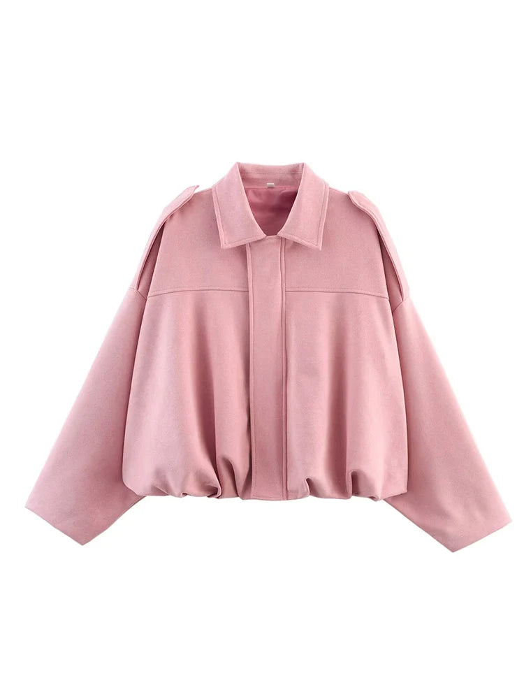 Women Oversized Suede Bomber Jacket Casual Zip Up-HighTouch