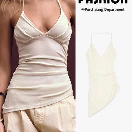 Versatile Asymmetric Pleated Hanging Neck Top – Summer Elastic Neck Blouse