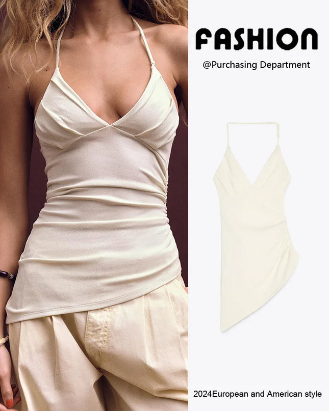 Versatile Asymmetric Pleated Hanging Neck Top – Summer Elastic Neck Blouse